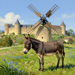 very long shot of a windmill, wild beautiful donkey, spots of blue flowers nearby, medieval french landscape, Carcassonne, city of carcassonne in the background, by Stanley Artgerm Lau, WLOP, Rossdraws, frank frazetta, Andrei Riabovitchev, Marc Simonetti, tranding on artstation