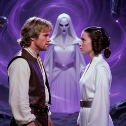 screenshot portrait of Luke Skywalker and Princess Leia, facing off against an incredibly haunting female sith lord in white, on a sith planet of purple magic maelstrom, iconic scene from the 1970s sci fi thriller film by Stanley Kubrick, HR Geiger, stunning cinematography, hyper-detailed, sharp, anamorphic lenses, kodak color stock, 4k, stunning