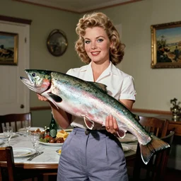 a woman holding a giant salmon in a 1 9 6 0 s dining room, norman rockwell