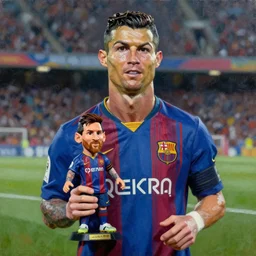 Cristiano Ronaldo holds Lionel Messi figurine, oil painting of the 1980s
