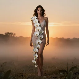 a beautiful sunset woman, symmetrical portrait, realistic, full body, white orchids, vine twist, 8 k, rich details, nuclear sunset, mist, 8 k, mist, volumetric lighting, by wlop