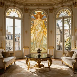 Living room, Alphonse Mucha, art nouveau, luxury, artstation, center focus on table, warm lighting, white gold black, antique, large windows to french town