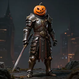 a full body shot of a warrior wit a jack o'lantern face by Brahm Revel,colored by Ronda Pattison,heavy armor,city in the background,dark colors,detailed,artstationCGsociety, full length, exquisite detail, post-processing, masterpiece, volumetric lighting, cinematic, hypermaximalistic, high details, cinematic, 8k resolution, beautiful detailed, insanely intricate details,