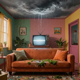 old television with storm clouds, raining ceiling, flooded colorful 1 9 7 0 s apartment interior, couch, water damage, moss