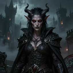 a highly detailed color illustration portrait of a tiefling - fantasy demonic race, dark moody eerie castle setting, horror art, d & d portrait, planescape, horror fantasy art, hires, deviantart, 4 k, centered, art by tim hildebrandt and frank frazetta and gerald brom and greg rutkowski