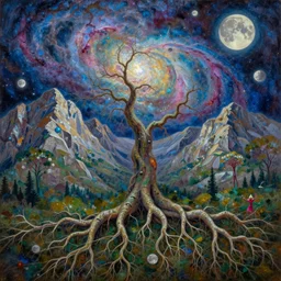 from tree roots to the moons, beautiful intricate oil painting, mountains, beautiful nebula in the sky by jacek yerka, beautiful nebula in the sky by jacek yerka