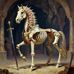 Very vibrant art. A spiked detailed horse skeleton with armored joints stands in a large cavernous throne room with halberd in hand. Massive shoulderplates. Extremely high details, realistic, fantasy art, solo, masterpiece, bones, ripped flesh, colorful art by Zdzisław Beksiński, Arthur Rackham, Dariusz Zawadzki, Harry Clarke