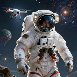 an intricate concept illustration of an astronaut with a drone discovered a new alien world, artstation, fantasy, hyper realistic, concept art, art by dylan cole, cinematic lighting, fantasy color palette