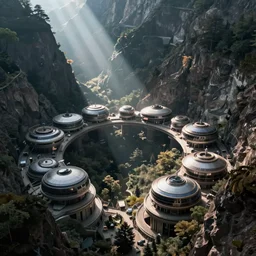 sci fi round buildings in a steep sided valley with trees, a sense of hope and optimism, stark light, day time, unsplash, national geographic, hd, high res