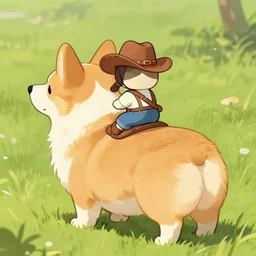tiny cat girl in a cowboy hat riding on the back of a giant corgi by greg rutkowski