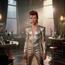 photorealistic medium shot cinematography of a david bowie acting as a man from outter space in a twilight zone episode that takes place in an art deco lab shot on film at magic hour with the sun shining into a large 6 0's hotel lobby room filled with volumetric haze by the shining cinematographer john alcott on a cooke panchro 3 5 mm lens.