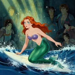 sophie turner as the little mermaid surfing the waves by Gil Elvgren Stanley Artgerm Lau, WLOP, James Jean, Andrei Riabovitchev, Marc Simonetti, Yoshitaka Amano, ArtStation, CGSociety, cinematic lighting, god ray, starlit shining eyes, art nouveau