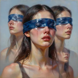 3 d, crying fashion model with blindfold, liquid with sky reflection, poster art, high detail, intricate oil painting, multiple exposure, stanley kubrick mood, hyperrealism, 3 d, by tooth wu and wlop and beeple and greg rutkowski