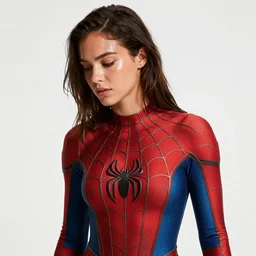 olive skinned model in her twenties, wearing a sexy spiderman costume, sweat, looking content, focused on her neck, photo realistic, extreme detail skin, natural beauty, no filter, slr, golden hour, 4 k, high definition, selfie