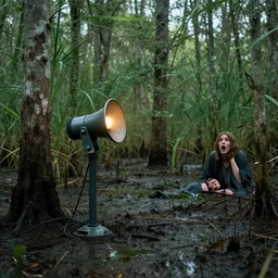 a siren in a lonely swamp surrounded by trees and mud with a human looking at it scared to death