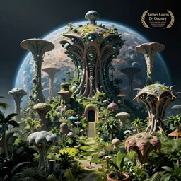 photorealistic concept art of a lush alien planet with strange surreal alien life, by james gurney