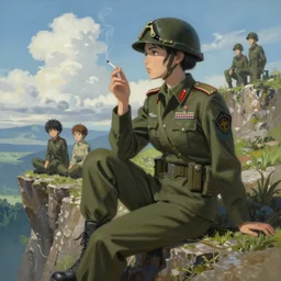 a painting of a military woman sitting on a cliff, smoking a cigarette, a character portrait by rhads, makoto shinkai and lois van baarle, ilya kuvshinov, rossdraws global illumination and tom bagshaw, cg society, fantastic realism, intricate, detailed