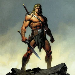 full-length figure of a muscular warrior,in the style of Bernie Wrightson