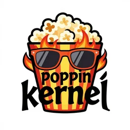 vector rave flyer style logo for an anarchist collective called poppin kernel with a popcorn on fire with mirrorshades, clean composition, symmetrical