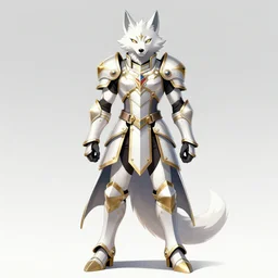 albino anthro wolf wearing white and gold magical fantasy armor. breastplate, gauntlets, pants, greaves, skirt. fursona, anthro, anime key visual, detailed armor, makoto shinkai, portrait