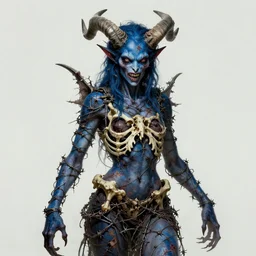 A creepy armored horned fanged demon woman with blue scarred skin wrapped in barbed wire. Extremely high detail, realistic, fantasy art, solo, bones, masterpiece, saturated colors, ripped, torn, tangled, art by Zdzisław Beksiński, Arthur Rackham, Dariusz Zawadzki