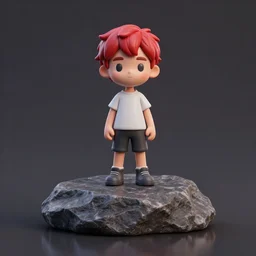 a realistic diminutive red haired young man figurine standing on a giant rock, realistic, 3 d render, behance, octane render, glossy, reflecting,