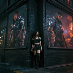 a frontal cyberpunk 2 0 7 7 night photo of one young woman : : leaning against a dark black brick cyberpunk corner wall at night cyberpunk 2 0 7 7 overwatch deus ex architecture, from overwatch and oblivion movie, art by jungyeonmin and james jean jhonseru jsezz artstation and greg rutkowski, biomechanical, lens orbs, global illumination architectural, volumetric lighting, granular detail, hyperrealist, micro details, blender, vray