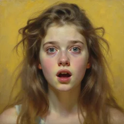 hyper realistic painting portrait of a surprised girl, ling entangled hair, blur and yellow color scheme by stjepan sejic, norman rockwell, michael hussar, roberto ferri and ruan jia, john william waterhouse, godward, david kassan