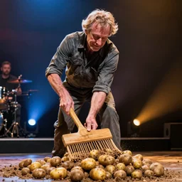 photo still of peter dinklage sweeping potatos, 8 k, live concert lighting, mid shot