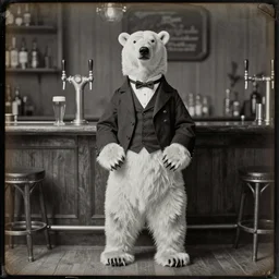 a still of a polar bear dressed as a fine gentlemen at a bar, standing on two legs on the floor. beer tap. daguerrotype