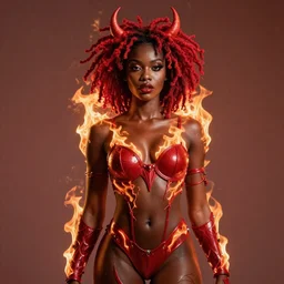 african your mom, red afro dreadlocks on fire, electrified body, beautiful face, beautiful body, beautiful midriff, red demon armor, inspired by artgerm