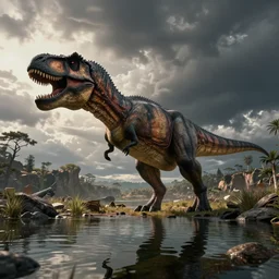amazing prehistoric landscape photo of tyrannosaurus standing on the lake, beautiful dramatic lighting