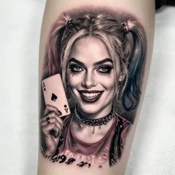 tattoo design of margot robbie as harley quinn with a little smile, holding ace card, in the style of den yakovlev, realistic face, black and white, realism tattoo, hyper realistic, highly detailed