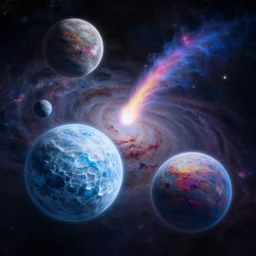 a colorful comet spinning in a deep space nebula with majestic perfectly spherical planets made of ice, art by ivan aivazovsky and chris foss and lise deharme, beeple, trending on artstation, trending on behance, complementary colors
