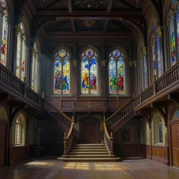 main hall of a castle with dark wood trim and stained glass windows, with a grand staircase that leads to many balconies, subtle lovecraftian vibes, ethereal, oil painting, colored, detailed, mc escher