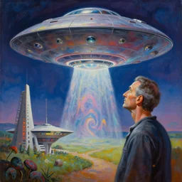 painting of paranormal, ufo, psychedelic, spiritual experiencer, charles abel corwin, frank lloyd wright, highly detailed, hyper realism, sharp focus, spirituality