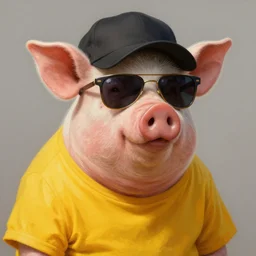 very detailed masterpiece painting of a pig wearing a yellow t - shirt and baseball cap and sunglasses, portrait, artstation, concept art by greg rutkowski
