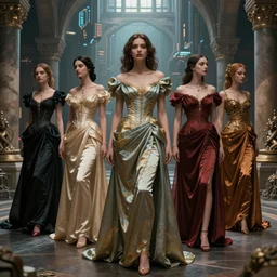 women wearing gown, eun emerging from renaissance italy into a cyberpunk mutiversal realm by conrad roset, nicola samuri, dino valls, m. w. kaluta, jakub rebelka, rule of thirds, seductive look, beautiful