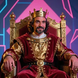 A portrait of Mr. Bean depicted as a medieval king on throne, close up shot, neon, pink, blue, geometric, futuristic, '80s, beautiful, rich deep colours masterpiece, golden hour, sharp focus, ultra detailed, by Leesha Hannigan, Ross Tran, Thierry Doizon, Kai Carpenter, Ignacio Fernández Ríos