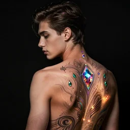 extremely beautiful and handsome young man. pinballpunk. he has beautiful, elegant bioluminescent tattoos on his back. tattoos have jewel tones, gradients, intricate line work. professional low - light photography, black background, zero flash.