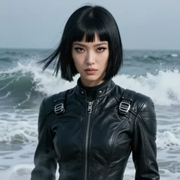 photorealistic rolling, crashing waves, youthful asian blade runner demure, ultra realistic, 3 5 mm, exquisite symmetrical features, feminine cut, pris mascara, highly detailed, 2 0 4 9's frontiers in flight leather suit, detailed face, 8 k, smoke, grain, misty, stephane sednaoui, ultra realistic, id magazine photoshoot