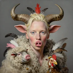 a hyper detailed painting of an elegant tilda swinton lookalike, cow horns, pig nose, sheep wool, surreal, absurd, chicken feathers, intricate, masterpiece, by anna podedworna, by miklos ligeti, by diego maricato, by taran fiddler, by antonino truisi, by chris reddie, by jinsung lim, on artstation