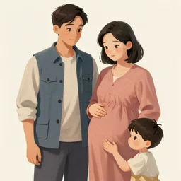 A man, a pregnant woman and two kid, in style of Chinese Propaganda