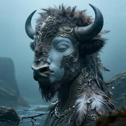 hyperrealistic cinestill 5 0 d photography of a dystopian stunning underwater face and neck pose, feathers, bison, dystopian cracked landscape, intricate ornamental, rainy and mist, masterpiece, elegant, highly detailed, soft blur, artstation, sharp focus, head in focus