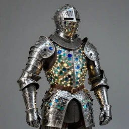 medieval light armor made of colored glass shards by chris wood, shining led lights inside, detailed 4 k photo