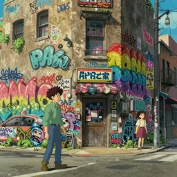 a city filled with graffiti, studio ghibli, anime style