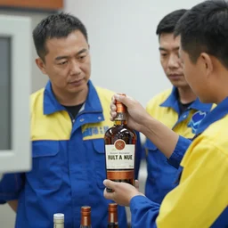 a man in a blue and yellow uniform observes the sealing of a very important bottle of spirits