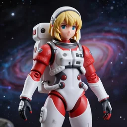 80s Action figure of a hopeful pretty astronaut lady with a wavy blonde hair, 4k resolution, nier:automata inspired, bravely default inspired, vibrant but dreary but upflifting red, black and white color scheme!!! ((Space nebula background))