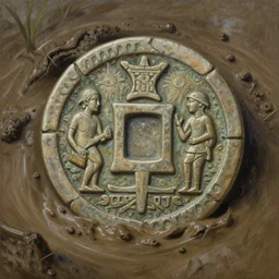 a detailed and accurate masterpiece painting of an incan coin in the mud in a swamp, sharp detail, by tyler edlin, noah bradley, john j. park, jordan grimmer trending on artstation
