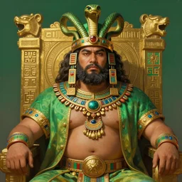 portrait of a beautiful aztec fat male warrior, snake helm, squared beard, rich cerimonial mantle, d & d character, aztec decorated throne background, by greg rutkowski and alphonse mucha, hyperealistic, gradient green to gold, highly detailed portrait, digital painting, concept art, smooth, sharp focus illustration, artstation hq